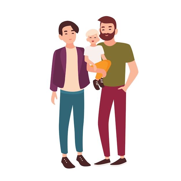 Vector leuk homopaar die zich verenigen en klein kind houden. paar lachende mannen en hun kind. homoseksuele familie. platte stripfiguren geïsoleerd. kleurrijke illustratie.