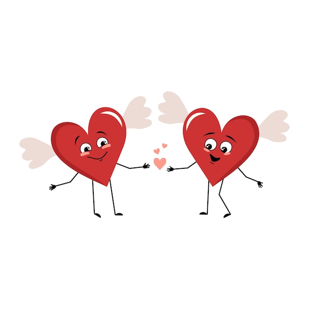 Vector leuk karakter rood hart met vleugels en liefde emoties glimlach gezicht gelukkige ogen hand in hand valentijn ...