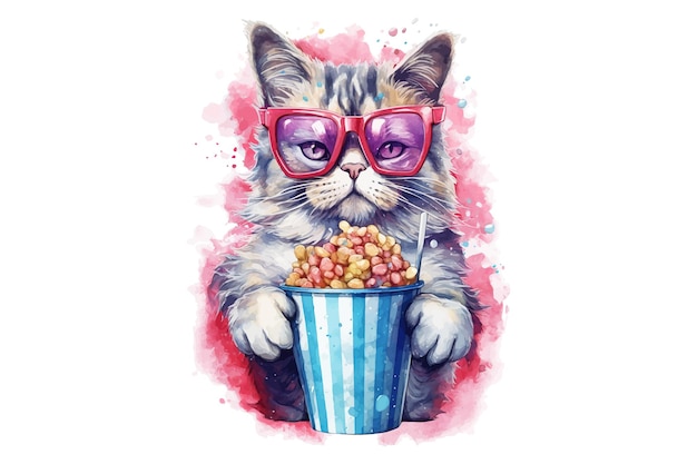 Leuk katje met 3D-bril en popcorn vectorillustratie