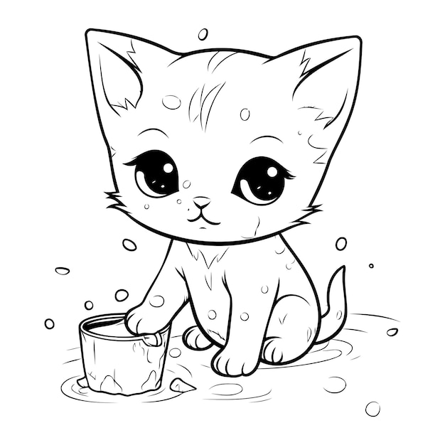 Vector leuk katje met een emmer water. vectorillustratie voor kleurboek