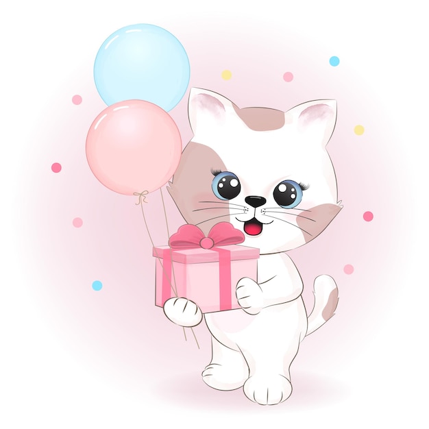 Leuk katje met geschenkdoos en ballonnen cartoon hand getekende illustratie