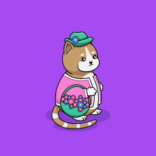 Leuk kattenkarakter met een mandje bloemen Vector cartoon