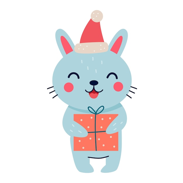 Leuk kerstkonijntje met een cadeau. vector illustratie