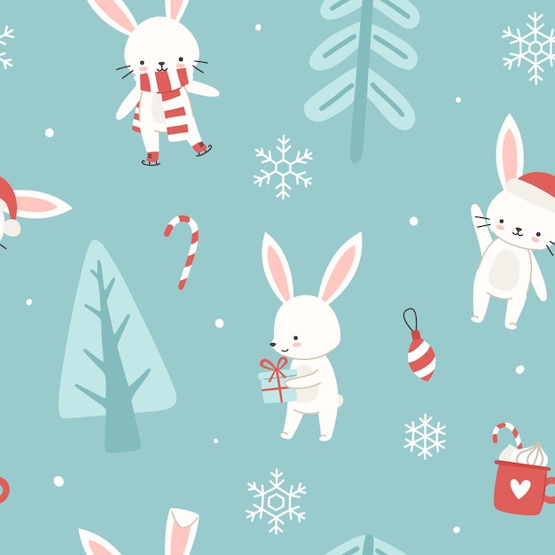 Leuk kerstpatroon met konijnen in het winterbos.