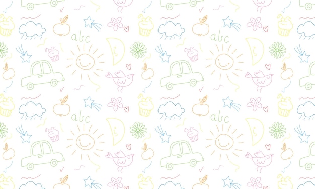 Leuk kind krabbellijn bloem hart regenboog achtergrond met de hand getekende doodle schets kinderlijk element