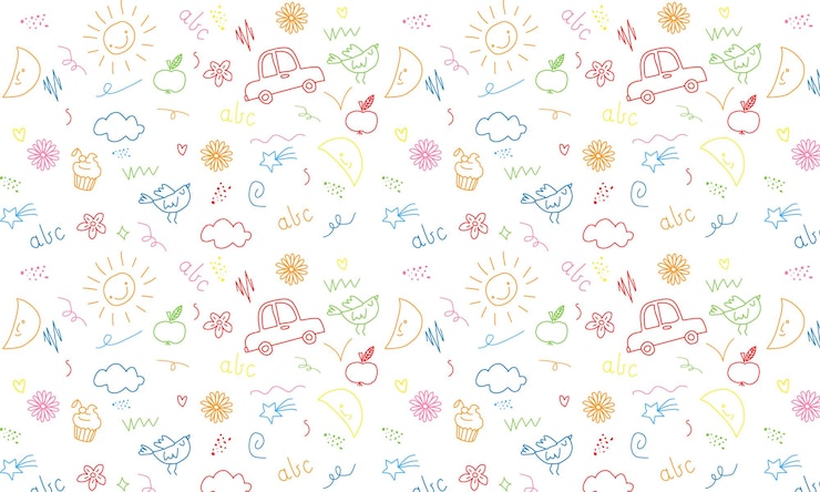 Vector leuk kind krabbellijn bloem hart regenboog achtergrond met de hand getekende doodle schets kinderlijk element