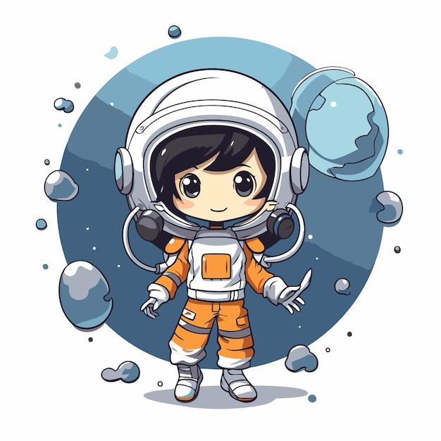 Leuk klein astronaut meisje in de ruimte vector cartoon illustratie