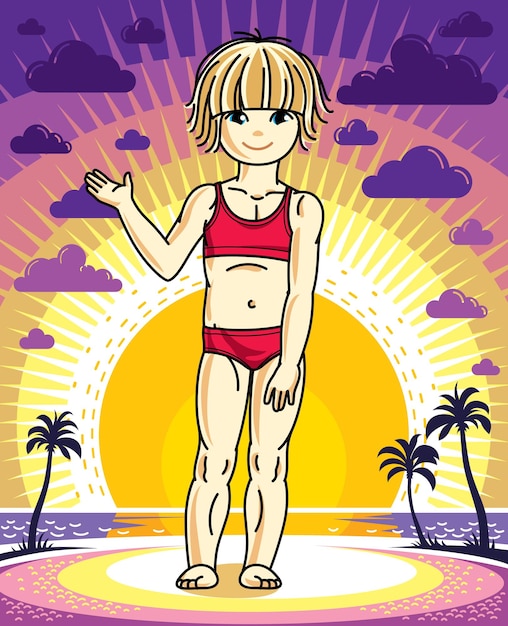 Leuk klein blond meisje dat op een zonsondergang landschap staat met palmen en een badpak aan.