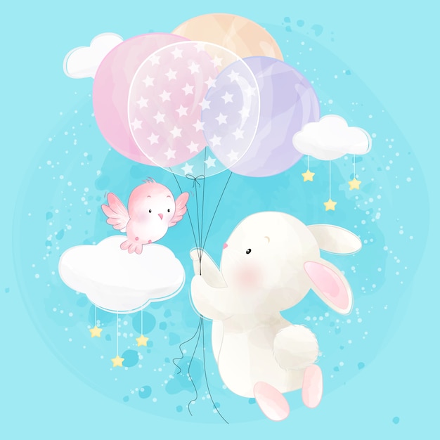 Leuk klein konijntje dat met ballon vliegt