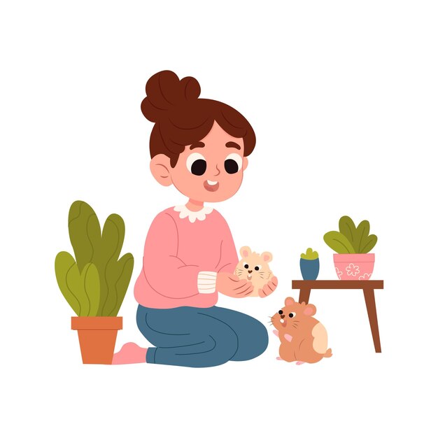 Leuk klein meisje dat op de vloer zit en speelt met haar huisdieren cartoon vector illustratie.