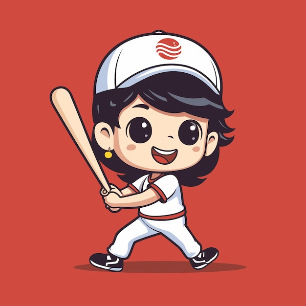 Leuk klein meisje honkbalspeler cartoon mascotte personage illustratie