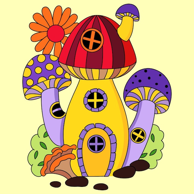 Leuk kleurrijk paddenstoelenhuis en bloemen op de bovenste kleurillustratie vectorillustraties