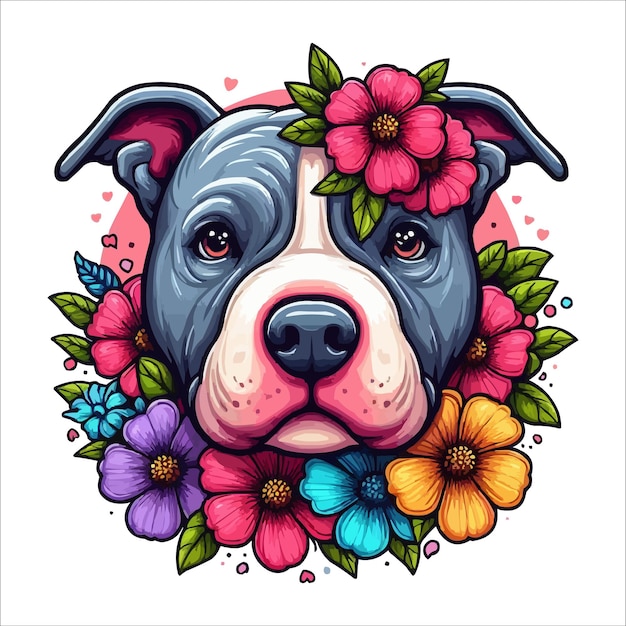 Leuk kleurrijk pitbull hoofd met bloemen aan de zijkant