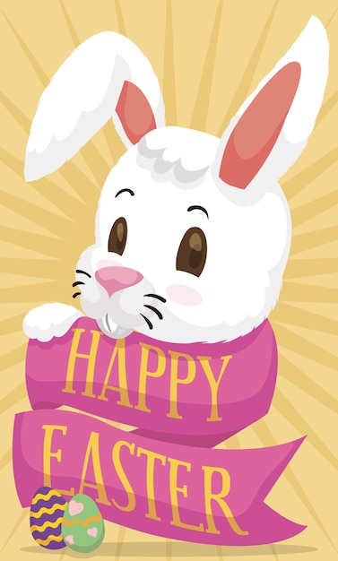 Leuk konijn gewikkeld in een groetband dat Pasen viert met een paar versierde eieren