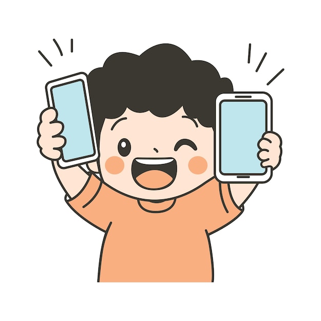 Leuk krullend jongetje met een gadget en een mobiele telefoon met een gelukkige uitdrukking.