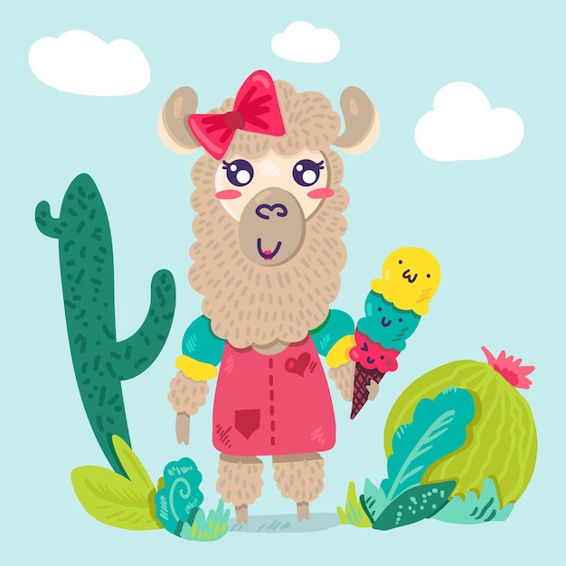 Vector leuk lama meisje houdt ijsje conus plat cartoon personage gelukkige lama met cactussen kleur tekening