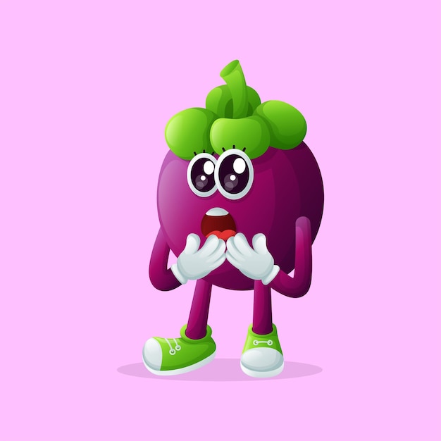 Vector leuk mangosteen personage met een verbaasd gezicht en open mond.