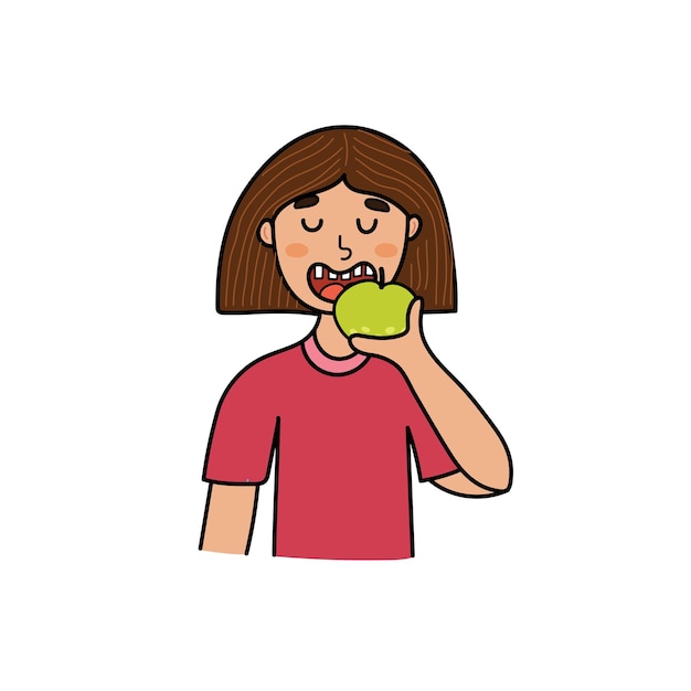 Leuk meisje dat appel eet. Schattige jongen bijt een fruitprint in cartoonstijl. vector illustratie