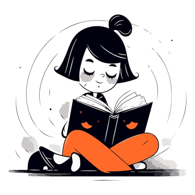 Leuk meisje dat een boek van een cartoon personage leest.