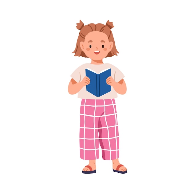 Leuk meisje dat hardop leest Gelukkige kindlezer met boek in de hand Kind personage studeert met handboek notitieboek Elementarisch onderwijsconcept Vlakke vectorillustratie geïsoleerd op witte achtergrond