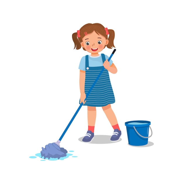 Leuk meisje die de vloer veegt met een mop en een emmer en thuis huishoudelijke taken doet.