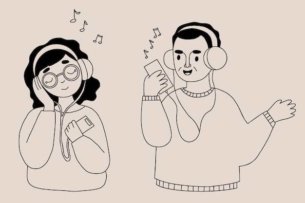Leuk meisje en man in koptelefoon luisteren naar muziek Lineaire met de hand getekende doodle