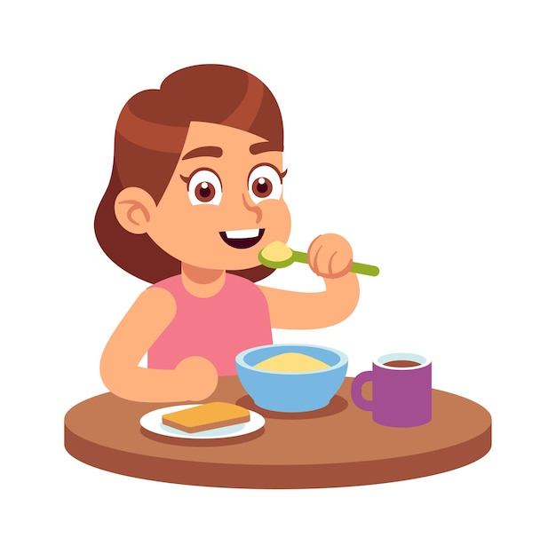 Leuk meisje eten. Lachende schattige hongerige peuter zit aan tafel en eet heerlijke granen of muesli met lepel, drinkt thee bij het ontbijt, gezonde voeding voor kinderen, platte vector cartoon geïsoleerd karakter