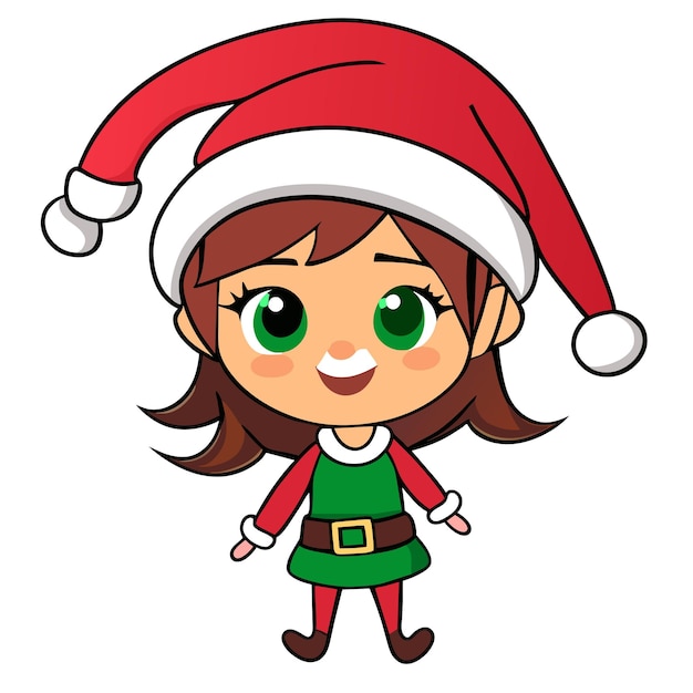 Leuk meisje in kerstkostuum met de hand getekend platte stijlvolle cartoon sticker icoon concept geïsoleerd