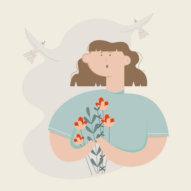 Vector leuk meisje met bloemen en vogel. lente karakter meisje illustratie.