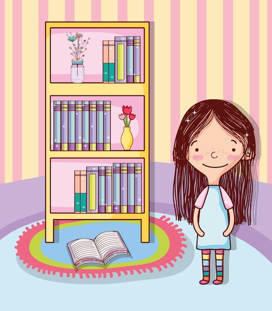 Leuk meisje met boeken in kamer cartoons