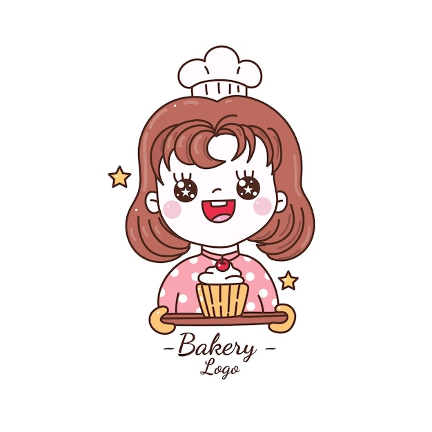 Leuk meisje met cupcake bakkerij logo cartoon hand tekenen