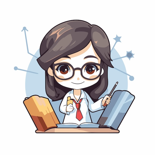 Leuk meisje met een bril die een boek leest met vectorillustraties.