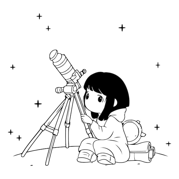 Leuk meisje met een telescoop op een witte achtergrond.