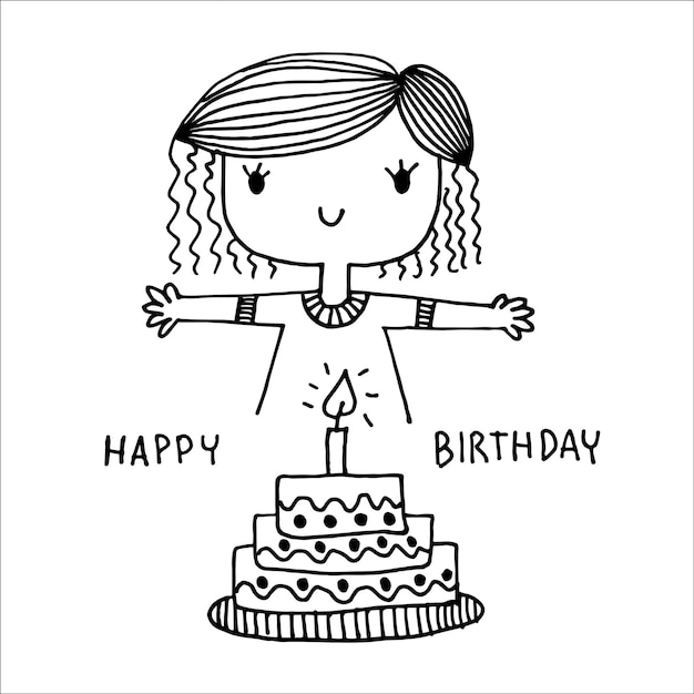 Leuk meisje met Happy Birthday Cake cartoon doodle hand tekenen