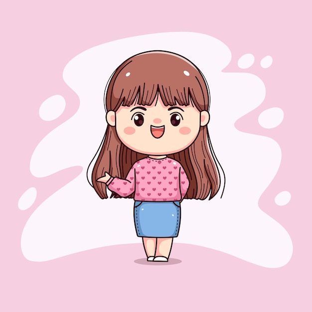 Vector leuk meisje met lang haar en roze trui die iets chibi kawaii laat zien