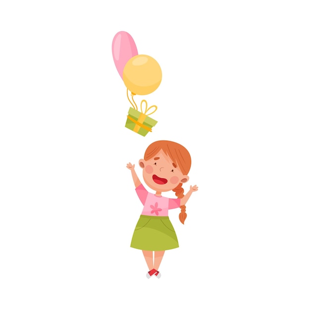 Leuk meisje personage gooit geschenkdoos met ballonnen vector illustratie