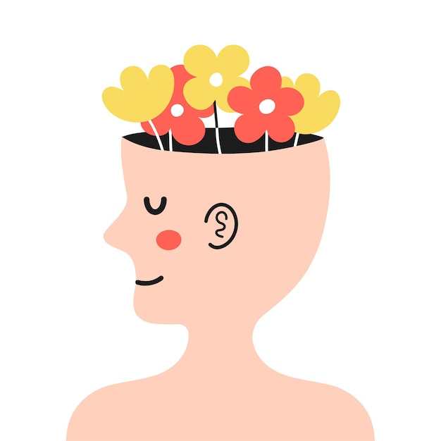 Vector leuk menselijk hoofd in profiel met bloemen binnen