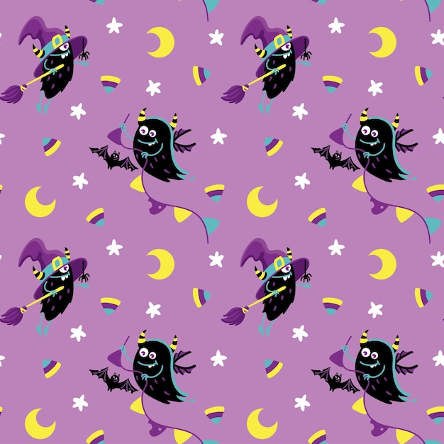 Leuk monster en snoep, halloween-illustratie voor kinderproduct. Naadloos patroon voor stof.