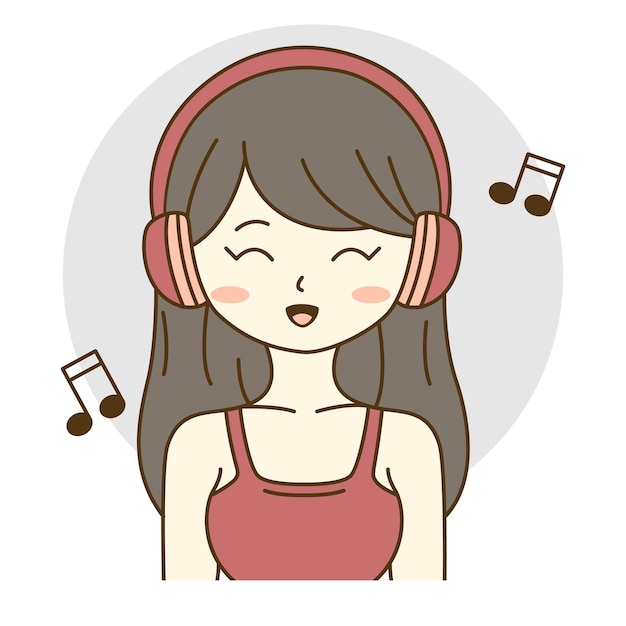 Leuk mooi meisje cartoon personage luisteren naar muziek met een koptelefoon