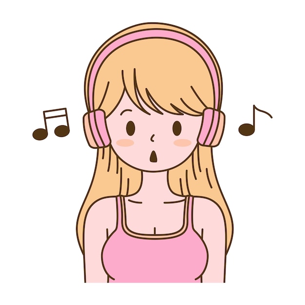 Leuk mooi meisje cartoon personage luisteren naar muziek met een koptelefoon