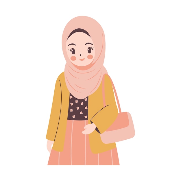 Leuk mooi moslimmeisje cartoon personage met hijab en modieuze outfit terwijl ze glimlacht