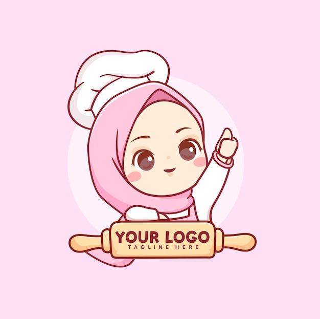 Leuk moslim hijab meisje chef bakkerij logo