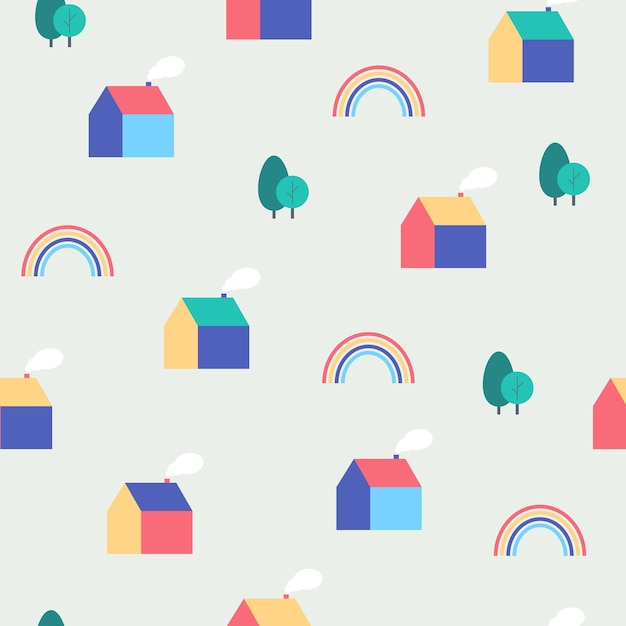 Leuk naadloos eenvoudig patroon met kleine huisjes, regenboog en bomen in minimalistische platte stijl