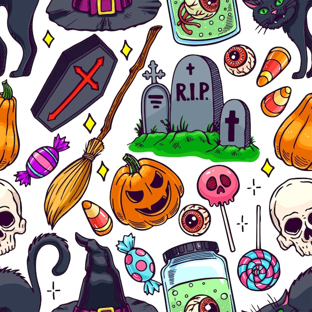 Leuk naadloos halloween-patroon van magische attributen en suikergoed. handgetekende illustratie