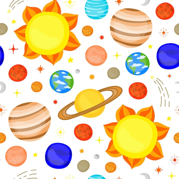 Leuk naadloos patroon met cartoon planeten van het zonnestelsel