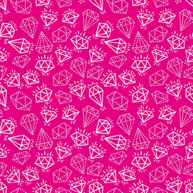 Leuk naadloos patroon met edelstenen van verschillende vormen op een roze achtergrond. handgetekende illustratie