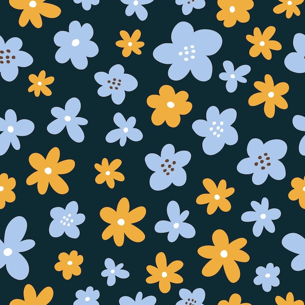 Leuk naadloos patroon met gele en blauwe bloemen op donkere achtergrond hand getrokken vlakke stijl