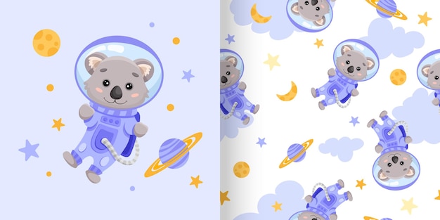 Leuk naadloos patroon met Koala-astronaut, sterren, maan en planeten voor kinderkamerposter