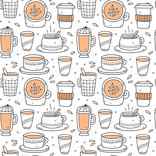 Leuk naadloos patroon met koffiekopjes - americano, cappuccino, mocha, latte. Vector handgetekende illustratie in doodle stijl. Perfect voor afdrukken, menu, verpakkingspapier, behang, verschillende ontwerpen.