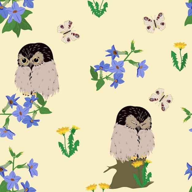 Leuk naadloos patroon met uilen bospatroon met veldbloemen en uilen op beige achtergrond